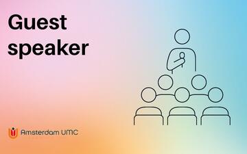 Illustratie van een spreker voor een groep mensen en het woord 'guest speaker'