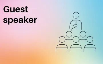 Illustratie van een spreker voor een groep mensen en het woord 'guest speaker'