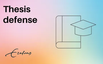 Illustratie van een boek en het woord 'thesis defense'. 