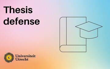  Illustratie van een boek en het woord 'thesis defense'. 