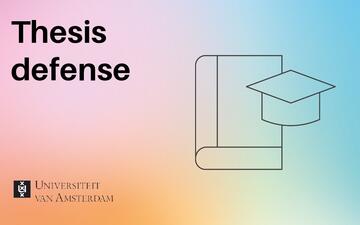Illustratie van een boek en het woord 'thesis defense'. 