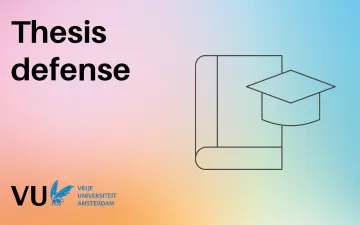 Illustratie van een boek en het woord 'thesis defense'. 