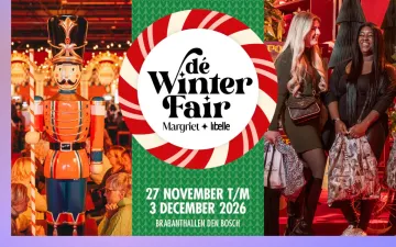 Collage van de winterfair met een notenkraker en twee vrouwen die een tas in de hand hebben