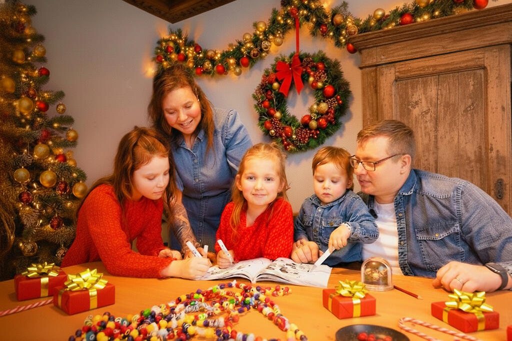 Foto van het gezin aan tafel, met kerstversiering er omheen