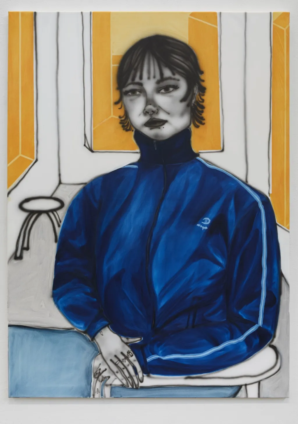 geschilderd zelfportret in blauw vest en gele achtergrond