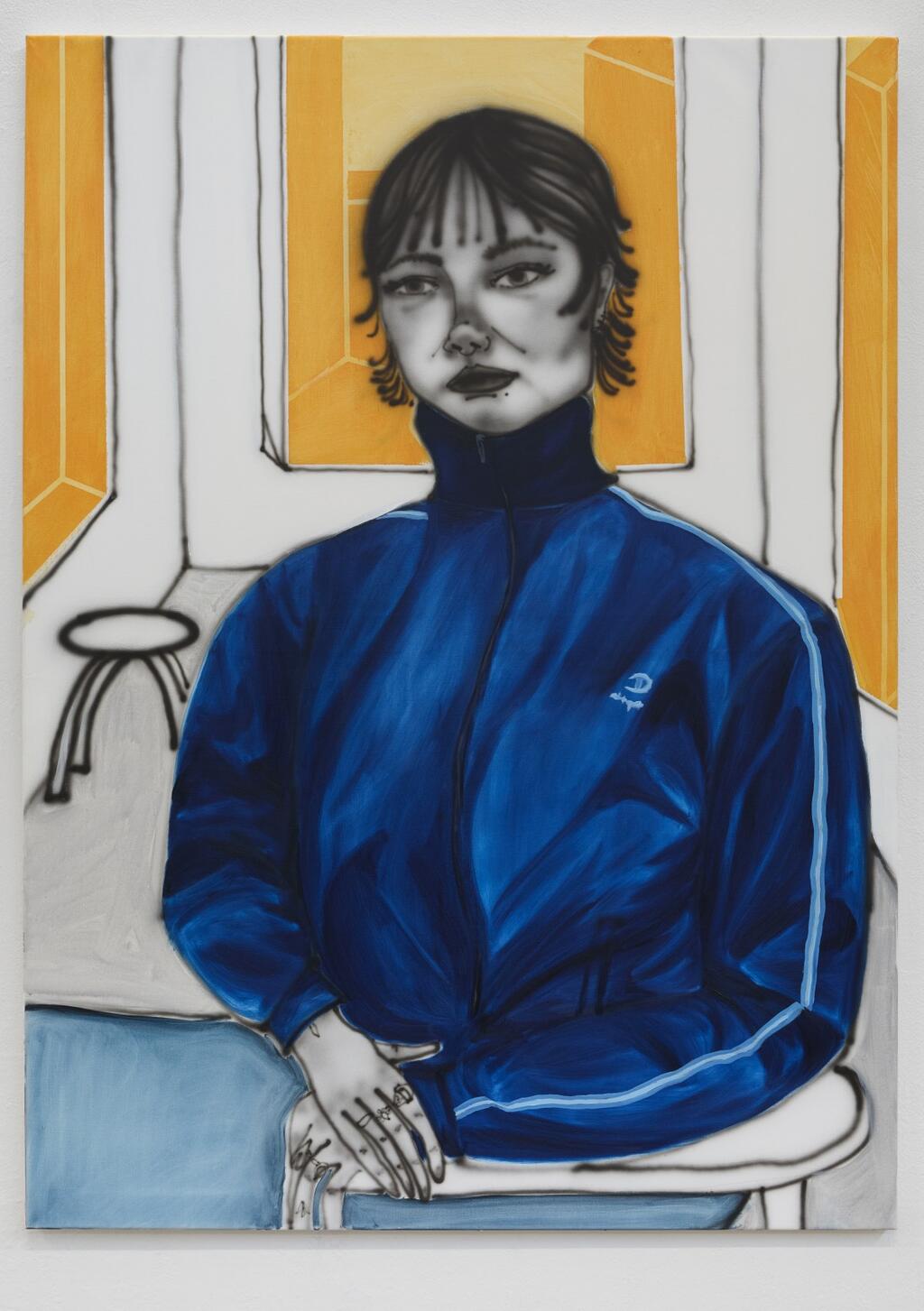 geschilderd zelfportret in blauw vest en gele achtergrond