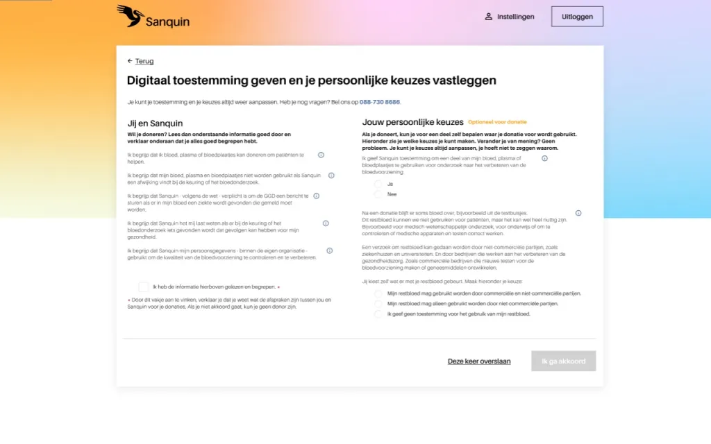 Screenshot van het venster "digitaal toestemming geven en je persoonlijke keuzes vastleggen'. 