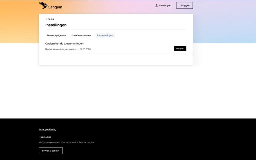 Screenshot van het toestemmingenoverzicht in MijnSanquin. Klik op de knop 'Bekijken' bij een onderdeel om dat te openen. 