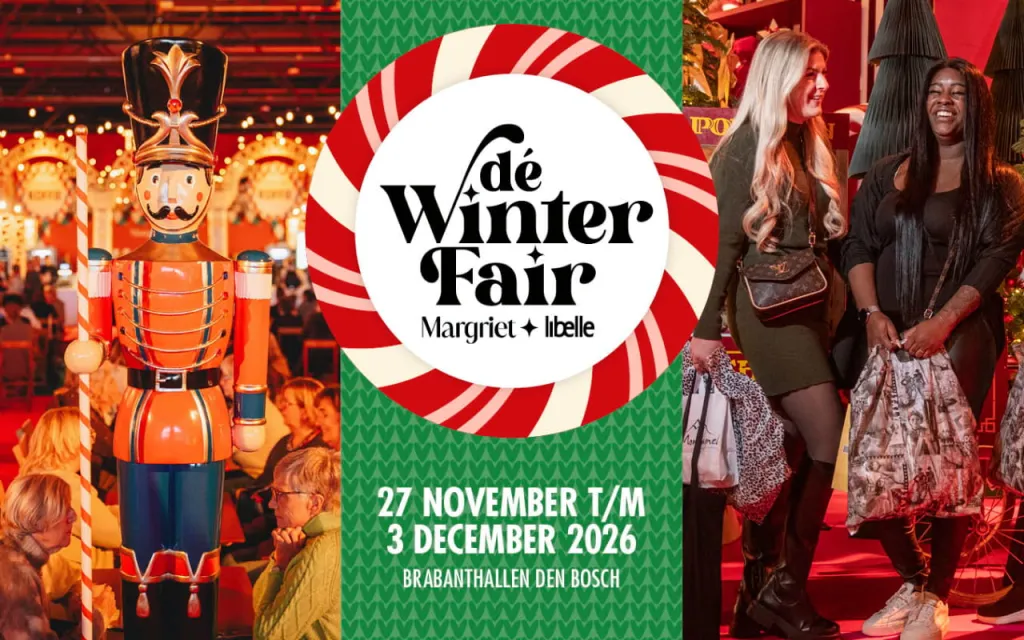 Collage van de winterfair met een notenkraker en twee vrouwen die een tas in de hand hebben